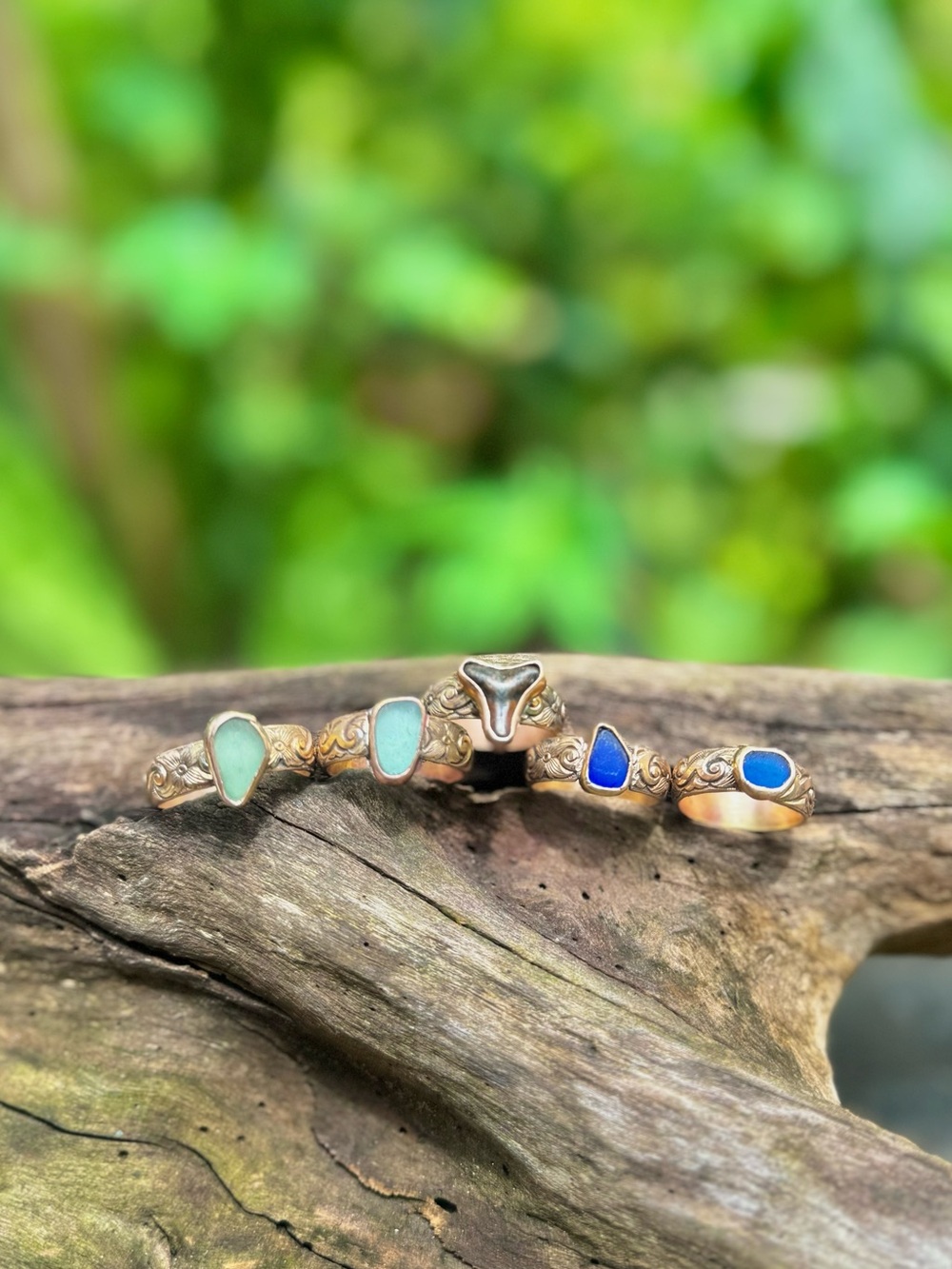 14 k gold fill cobalt blue sea glass floral wave Ring Puerto Rico beach find - Picture 4 of 7